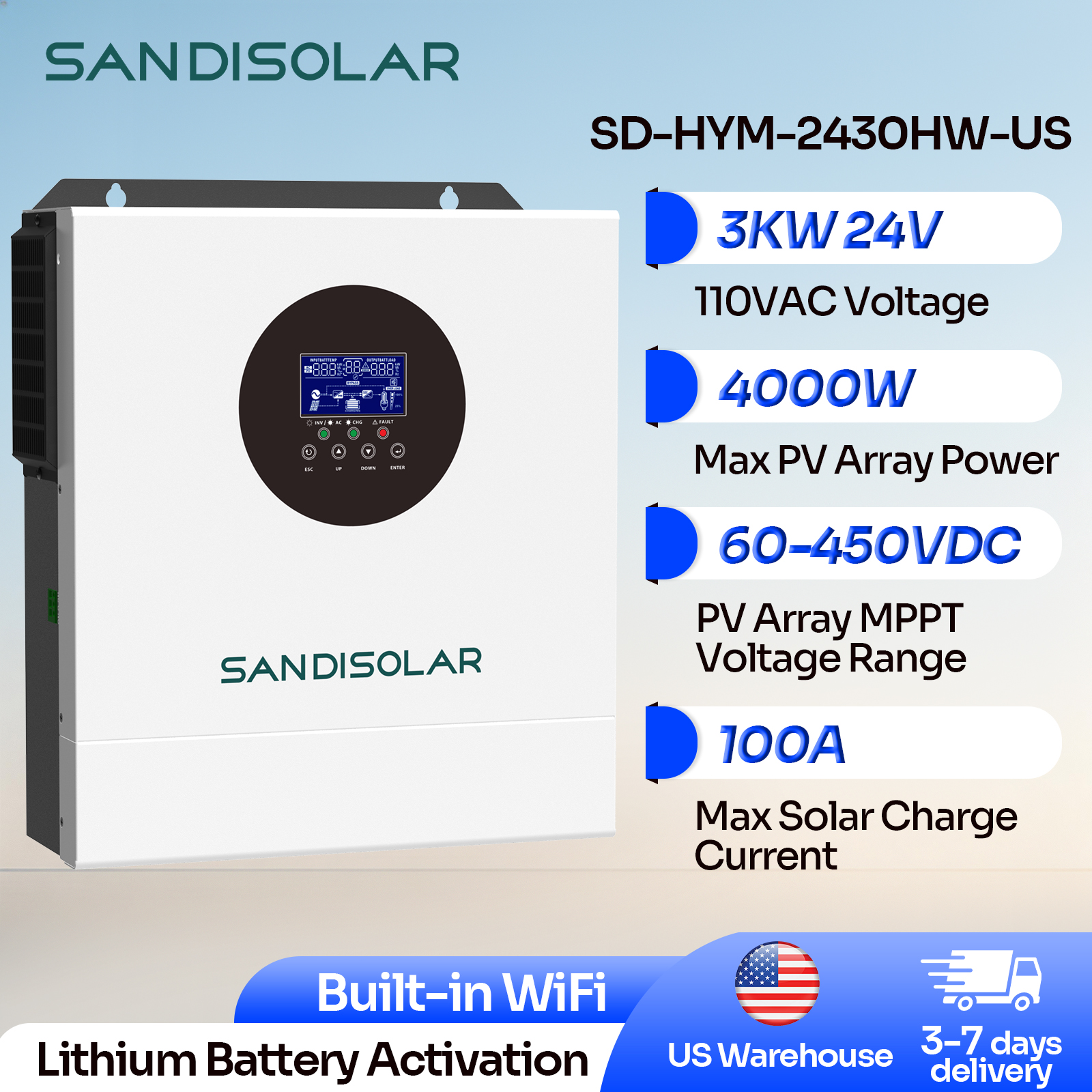 Renewable Energy Systems - SANDISOLAR 3KW Hybrid Solar Inverter 24V